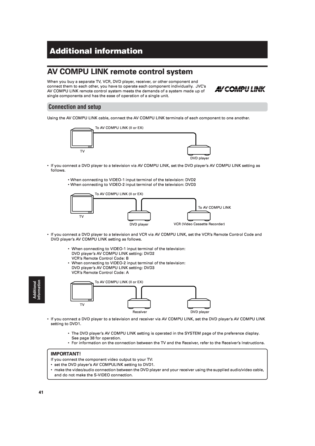 JVC XV-521BK manual Additional information, AV COMPU LINK remote control system, Connection and setup 