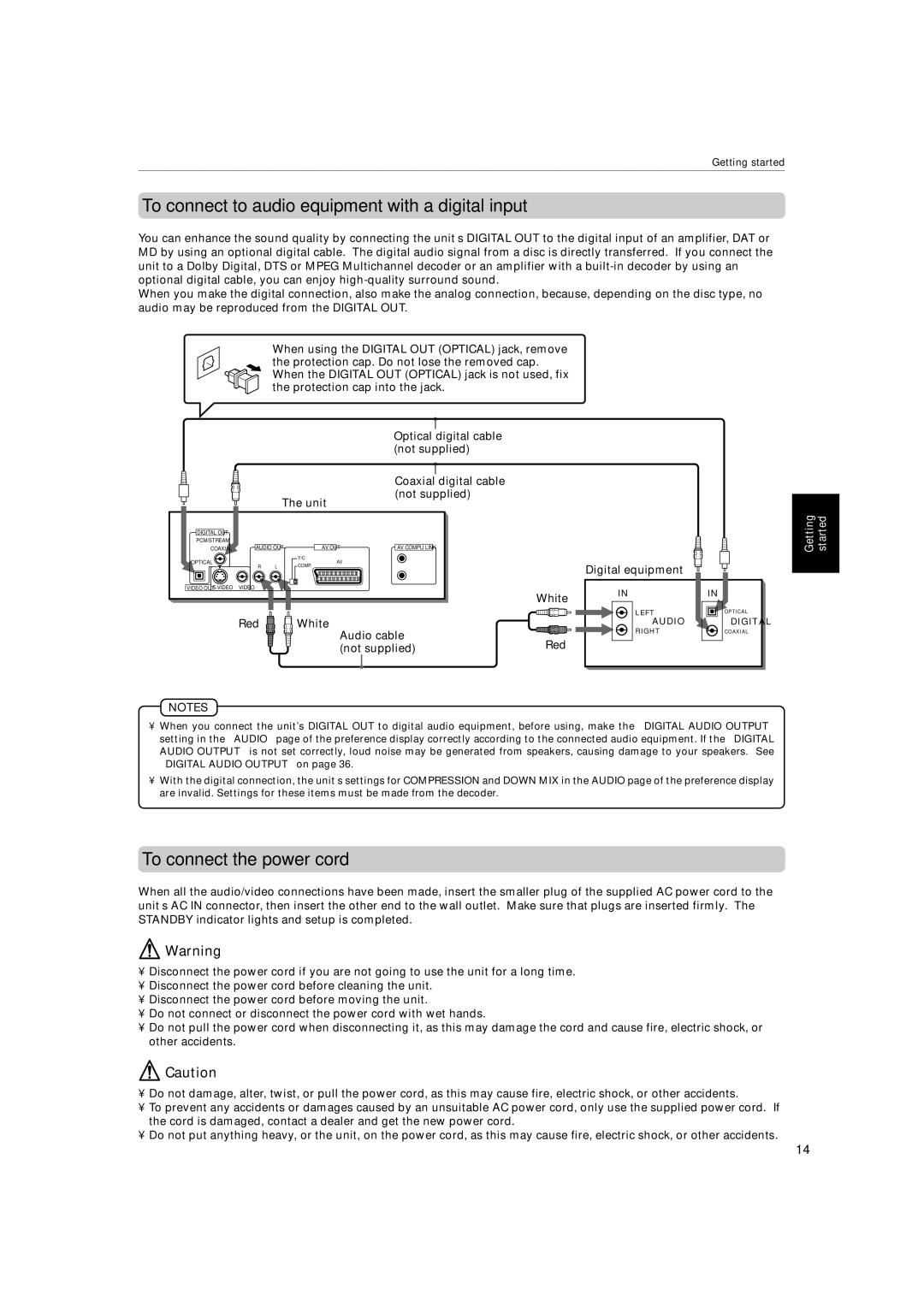 JVC XV-522SL manual To connect to audio equipment with a digital input, To connect the power cord 