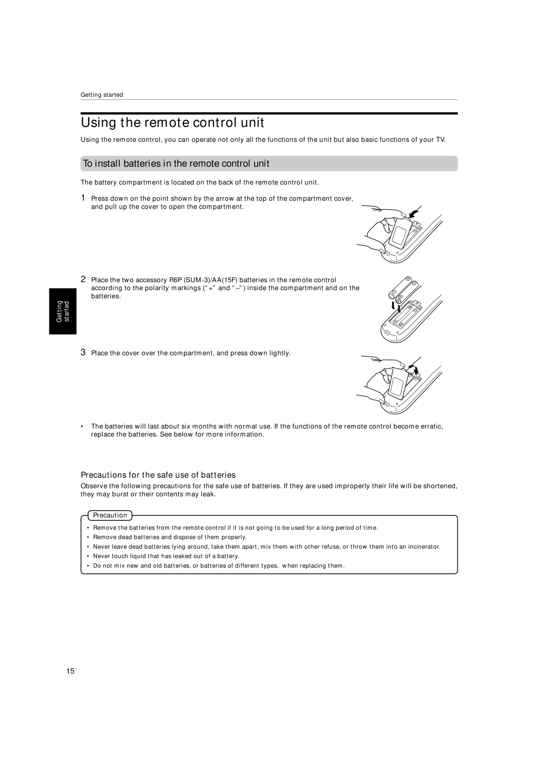 JVC XV-522SL manual Using the remote control unit, To install batteries in the remote control unit, Precaution 