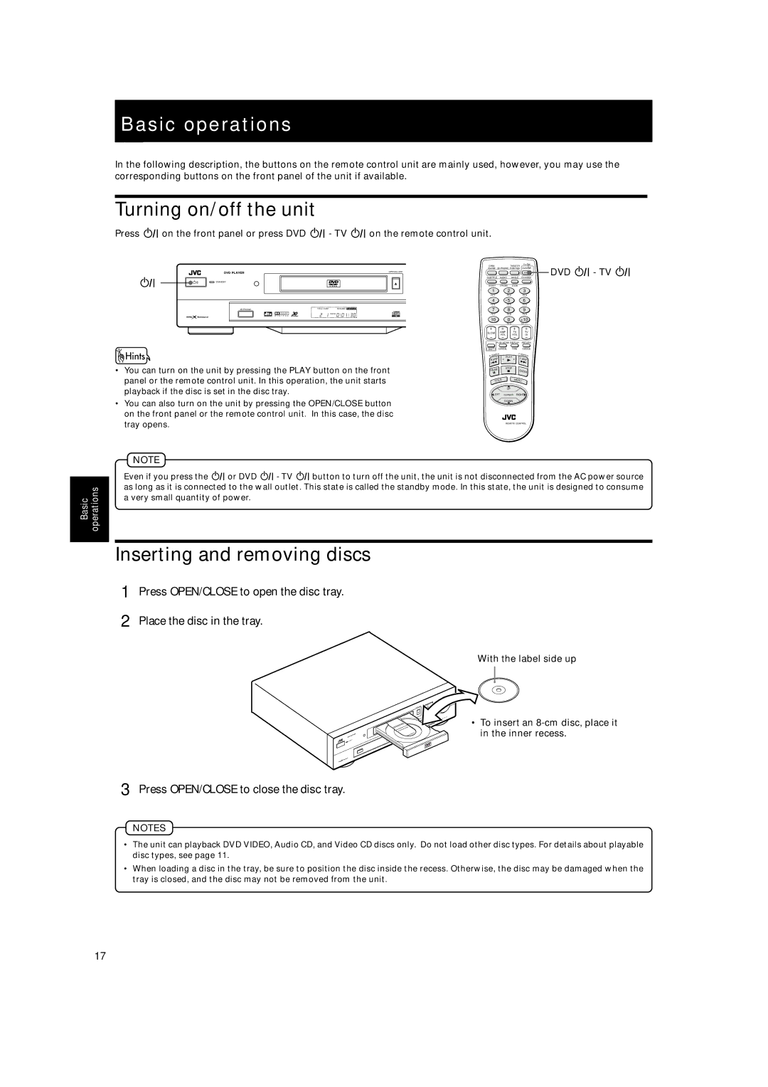 JVC XV-522SL manual Basic operations, Turning on/off the unit, Inserting and removing discs 