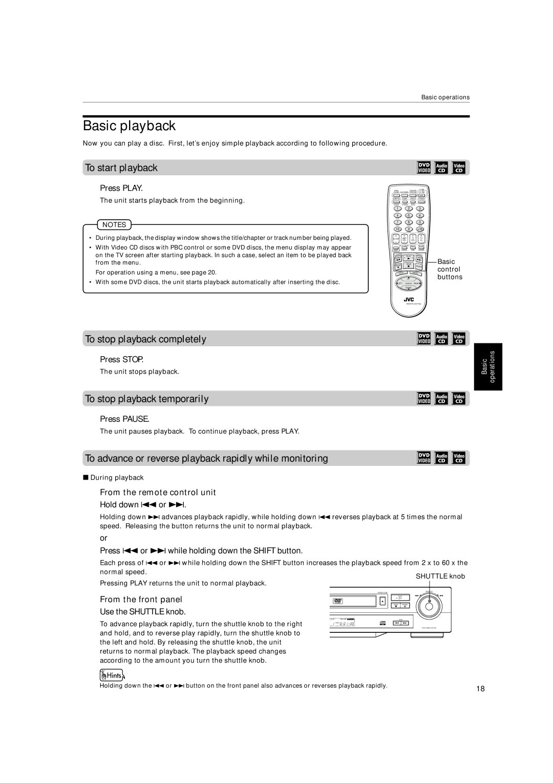 JVC XV-522SL manual Basic playback, To start playback, To stop playback completely, To stop playback temporarily 