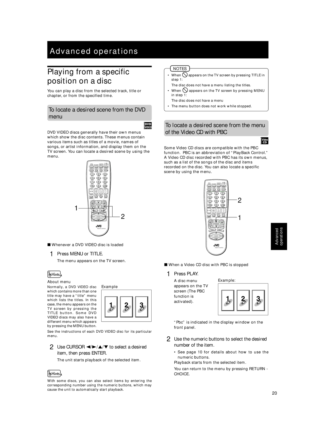 JVC XV-522SL manual Advanced operations, To locate a desired scene from the DVD menu, Press Menu or Title, About menu 