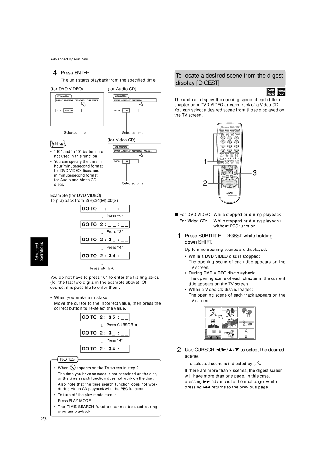 JVC XV-522SL To locate a desired scene from the digest display Digest, For DVD Video For Audio CD, When you make a mistake 