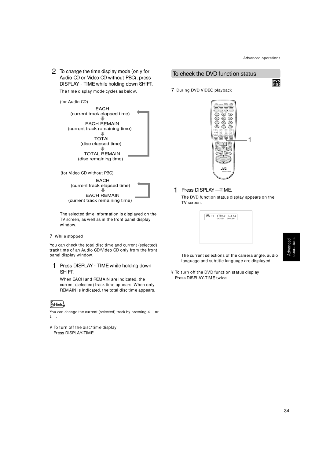 JVC XV-522SL manual To check the DVD function status, Press Display Time while holding down 