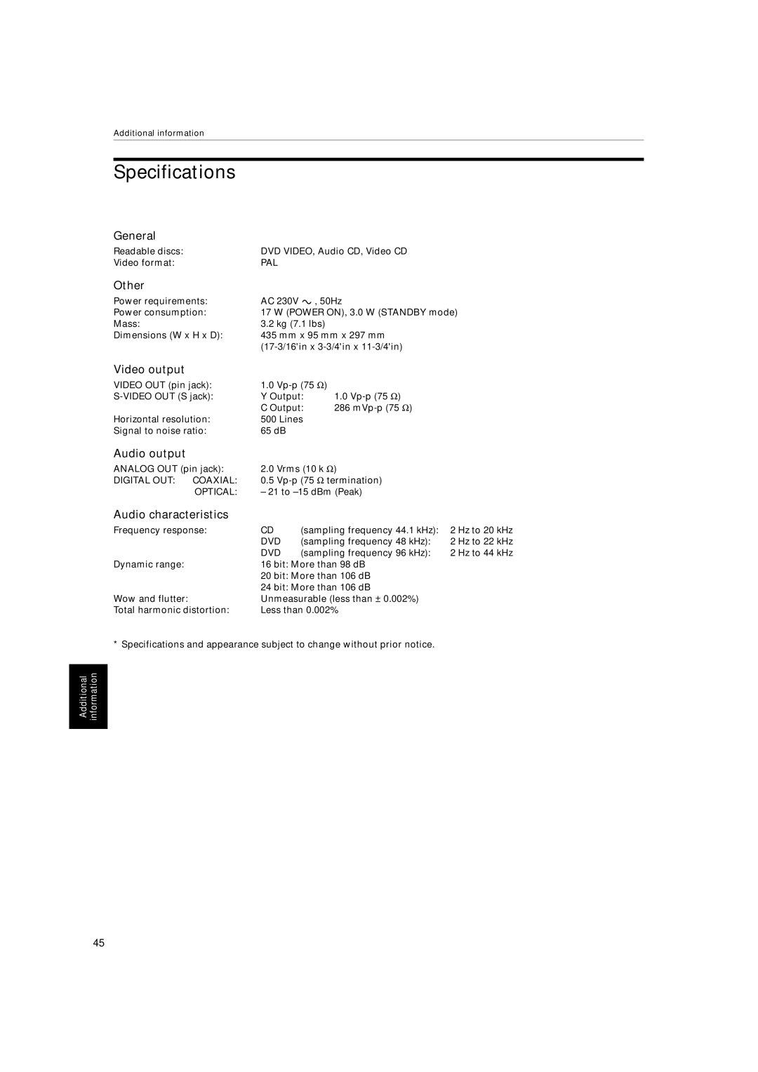 JVC XV-522SL manual Specifications 