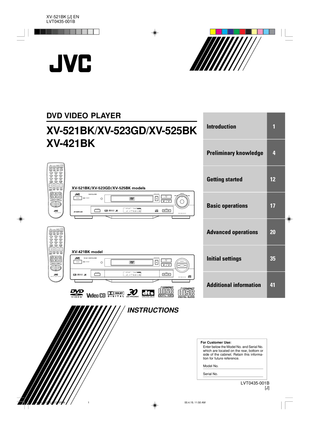 JVC manual XV-521BK/XV-523GD/XV-525BK models, XV-421BK model 