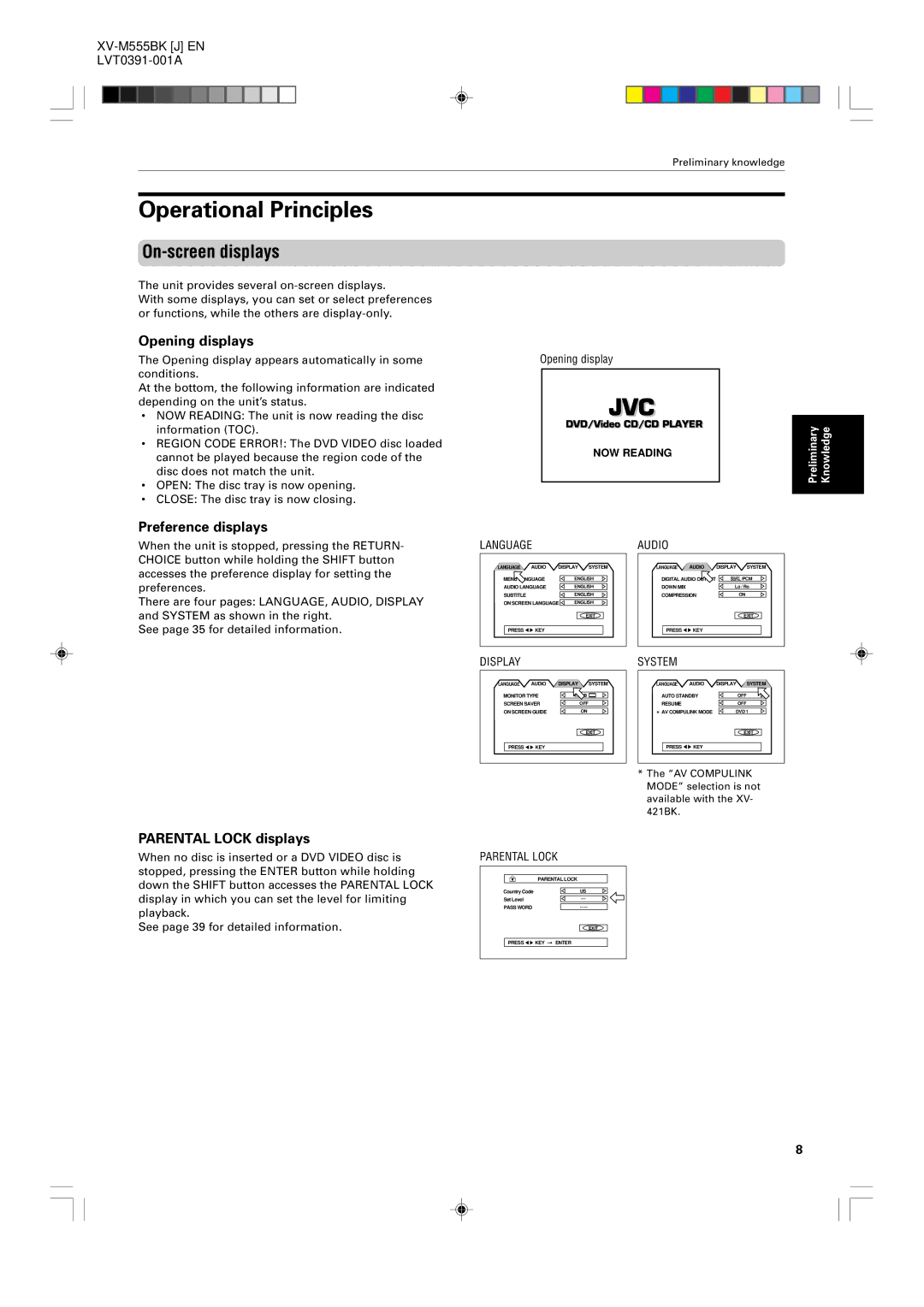 JVC XV-525BK Operational Principles, On-screen displays, Opening displays, Preference displays, Parental Lock displays 