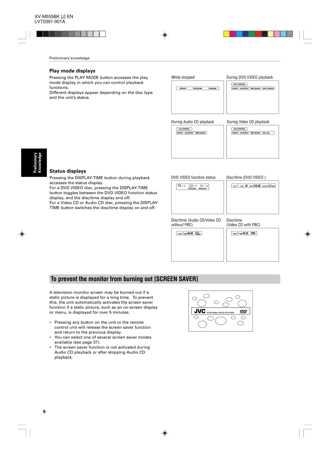 JVC XV-523GD, XV-525BK manual To prevent the monitor from burning out Screen Saver, Play mode displays, Status displays 