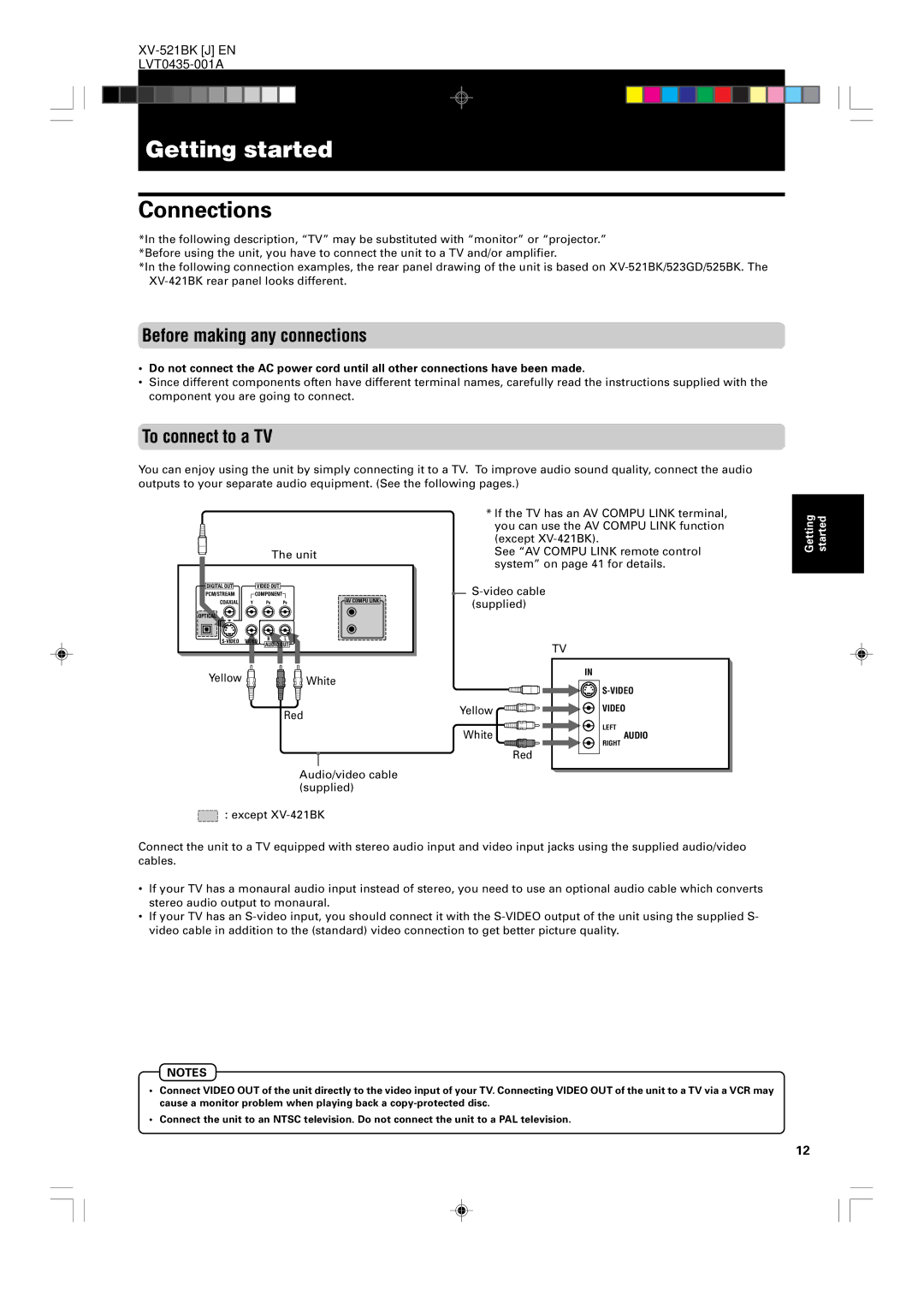 JVC XV-525BK, XV-523GD manual Getting started, Connections, Before making any connections, To connect to a TV, White 