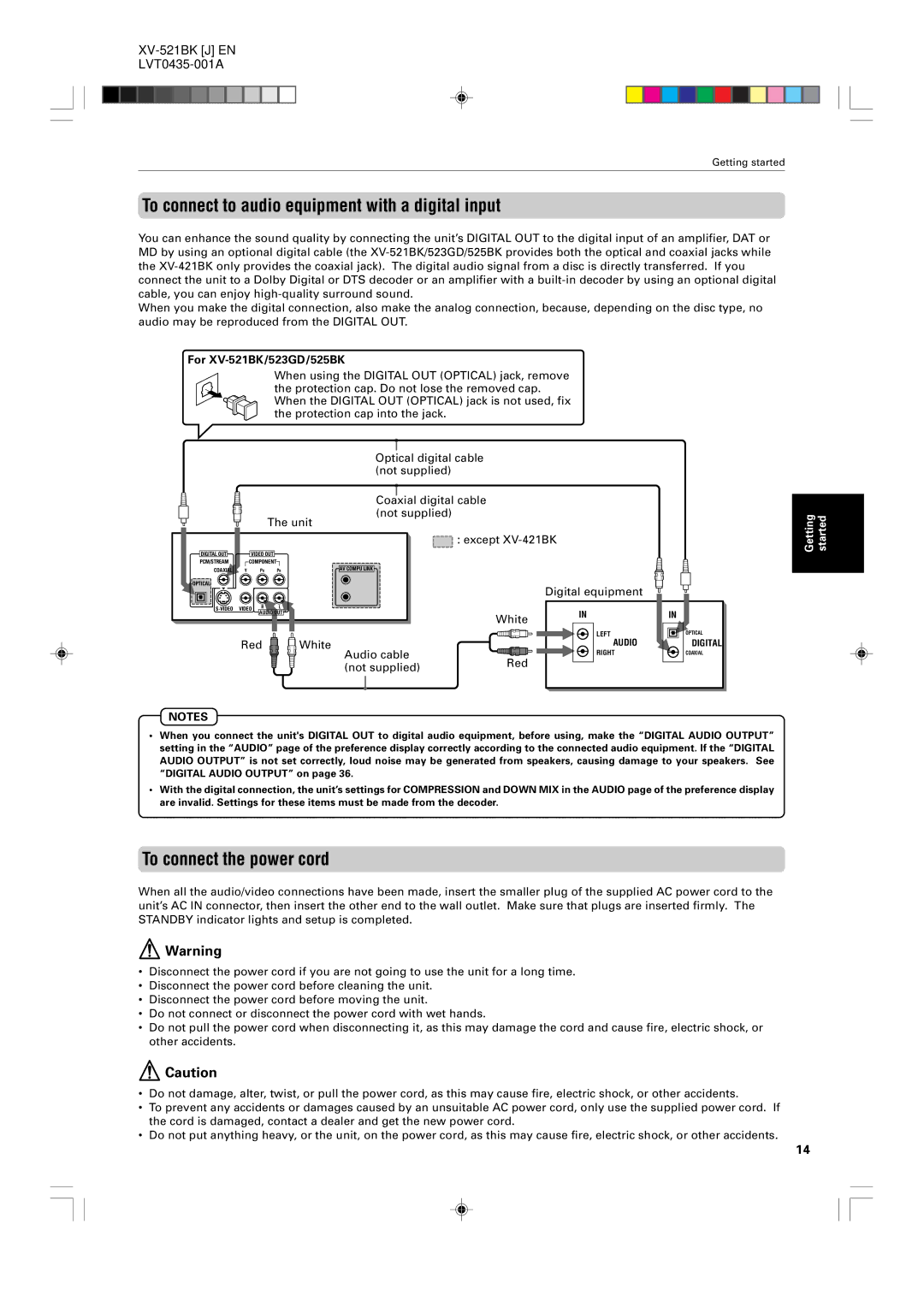 JVC XV-525BK manual To connect to audio equipment with a digital input, To connect the power cord, For XV-521BK/523GD/525BK 