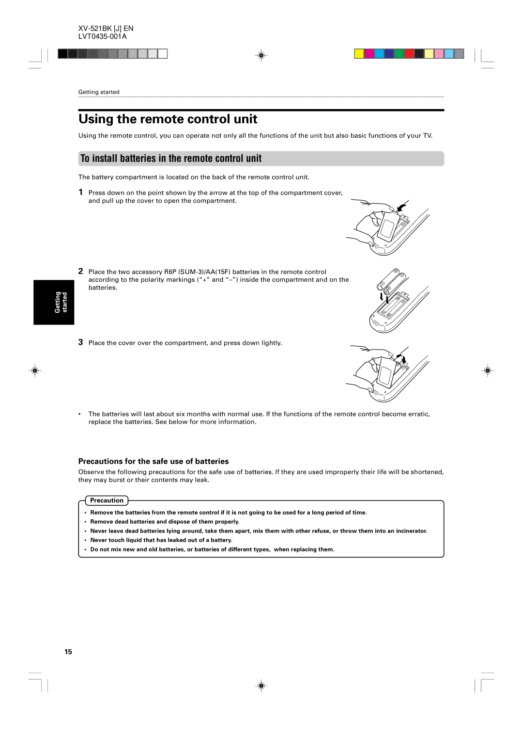 JVC XV-523GD, XV-525BK manual Using the remote control unit, To install batteries in the remote control unit, Precaution 