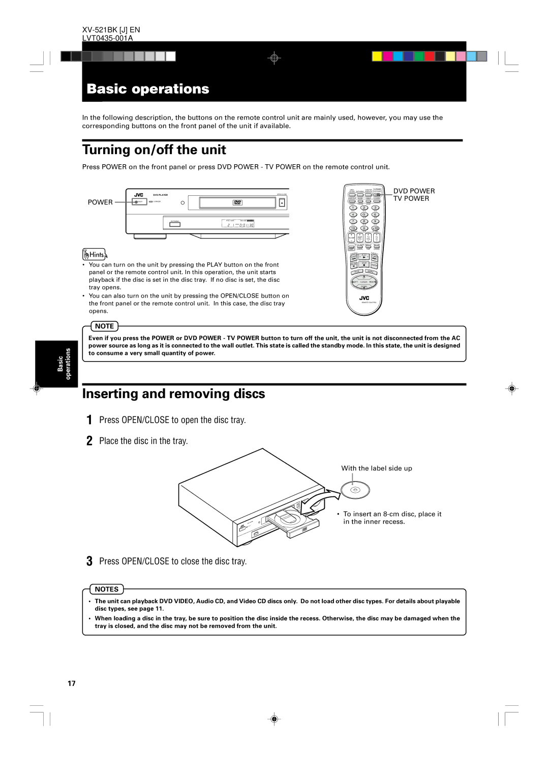 JVC XV-523GD, XV-525BK manual Basic operations, Turning on/off the unit, Inserting and removing discs 