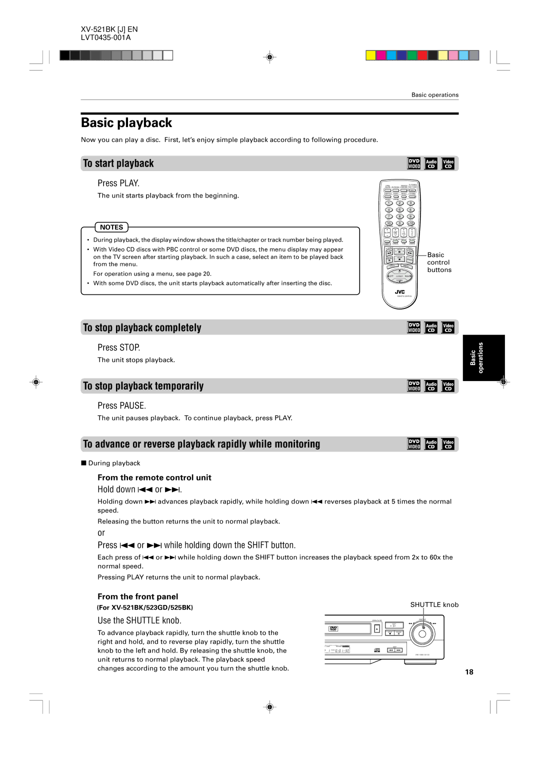 JVC XV-525BK, XV-523GD manual Basic playback, To start playback, To stop playback completely, To stop playback temporarily 