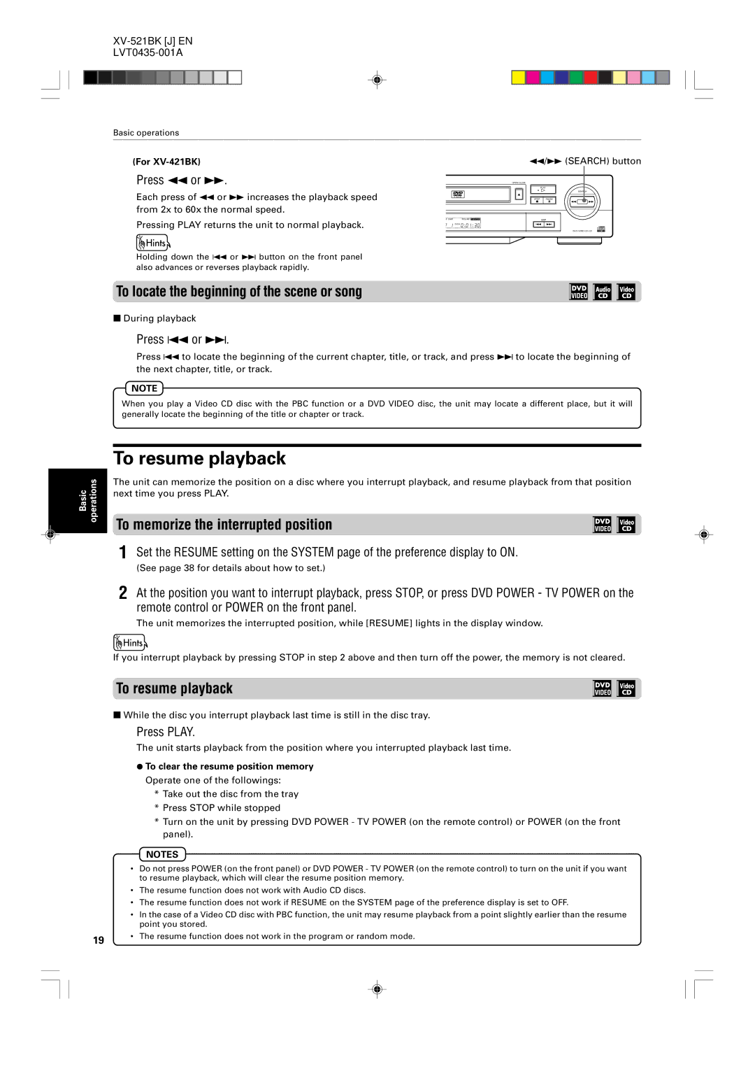 JVC XV-523GD manual To resume playback, To locate the beginning of the scene or song, To memorize the interrupted position 