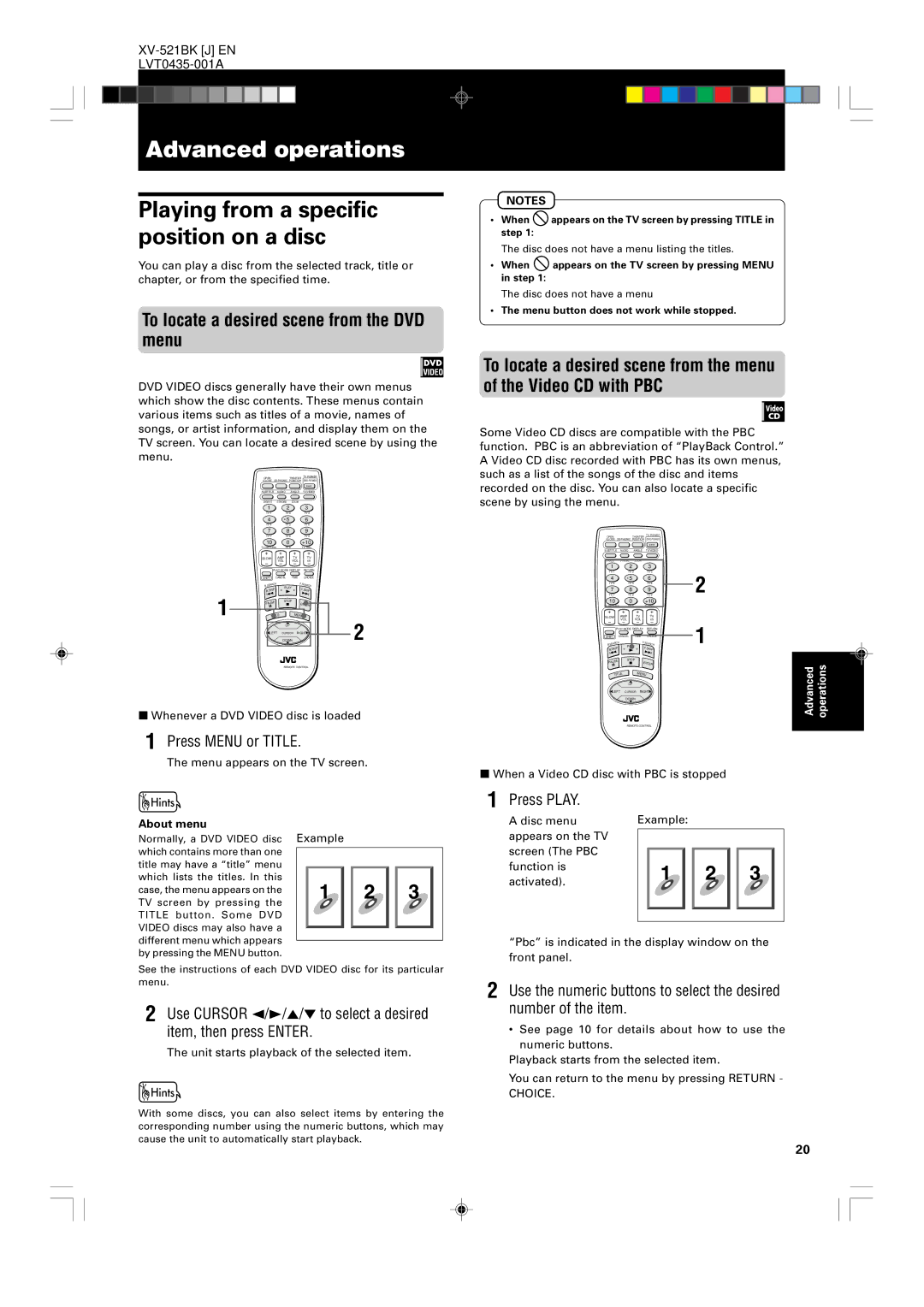 JVC XV-525BK, XV-523GD Advanced operations, To locate a desired scene from the DVD menu, Press Menu or Title, About menu 