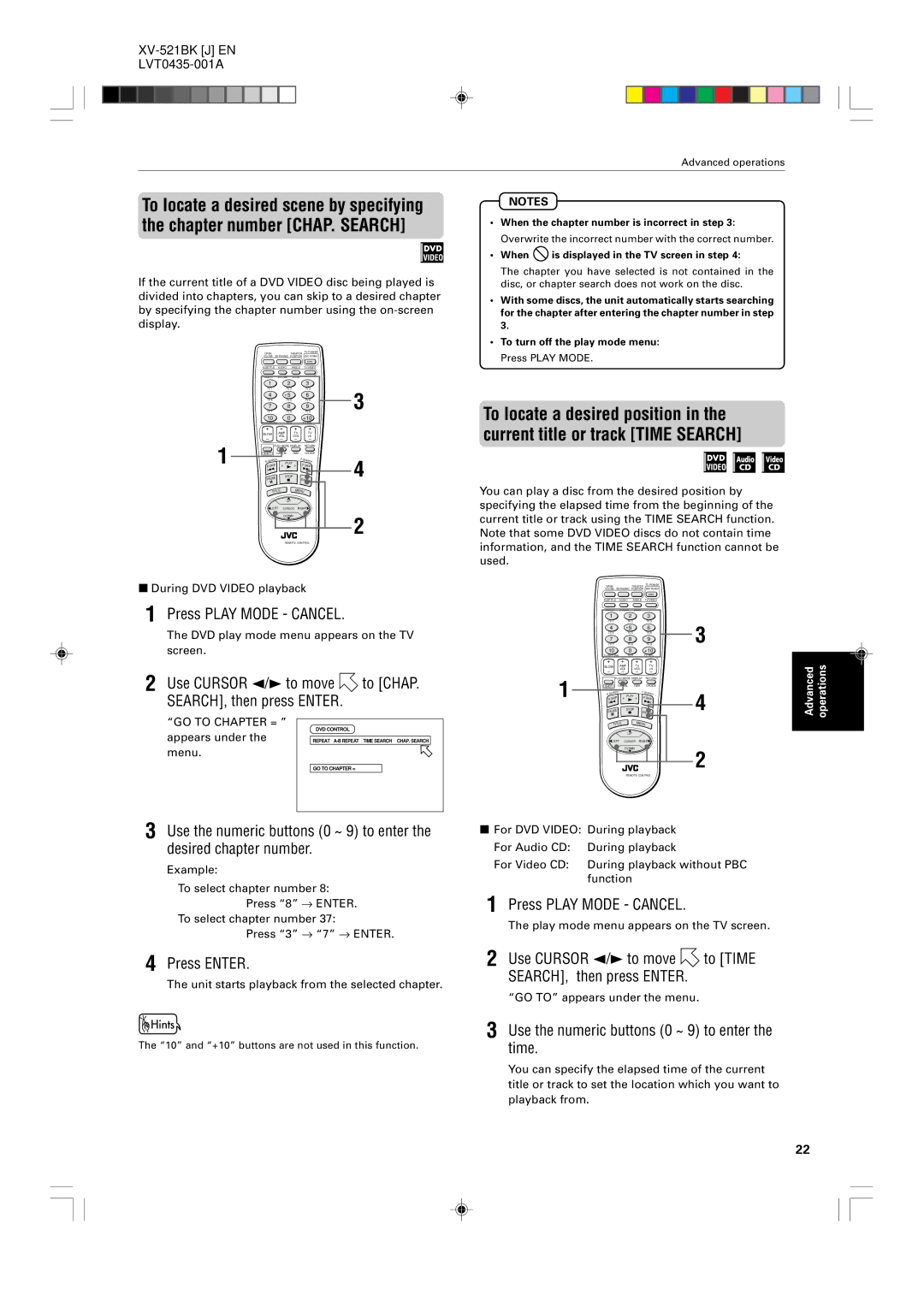 JVC XV-525BK, XV-523GD manual Press Play Mode Cancel, Use Cursor 2/3 to move to CHAP. SEARCH, then press Enter, Press Enter 