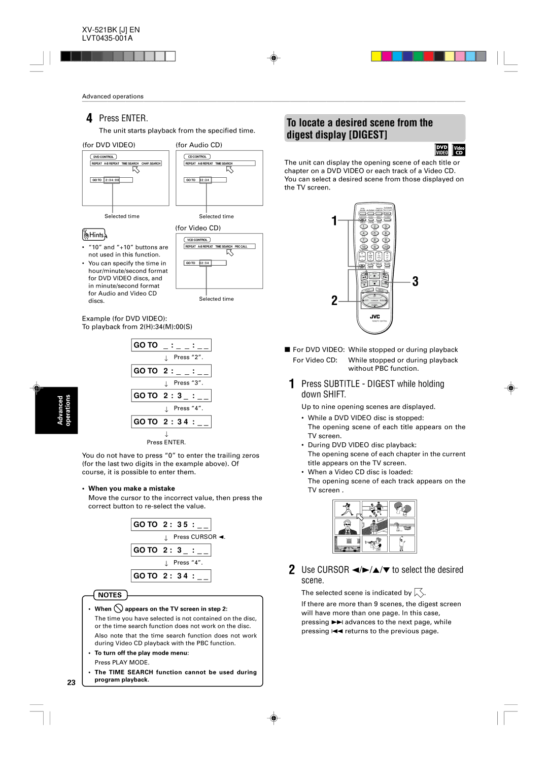 JVC XV-523GD, XV-525BK manual Press Subtitle Digest while holding down Shift, Use Cursor 2/3/5/to select the desired scene 