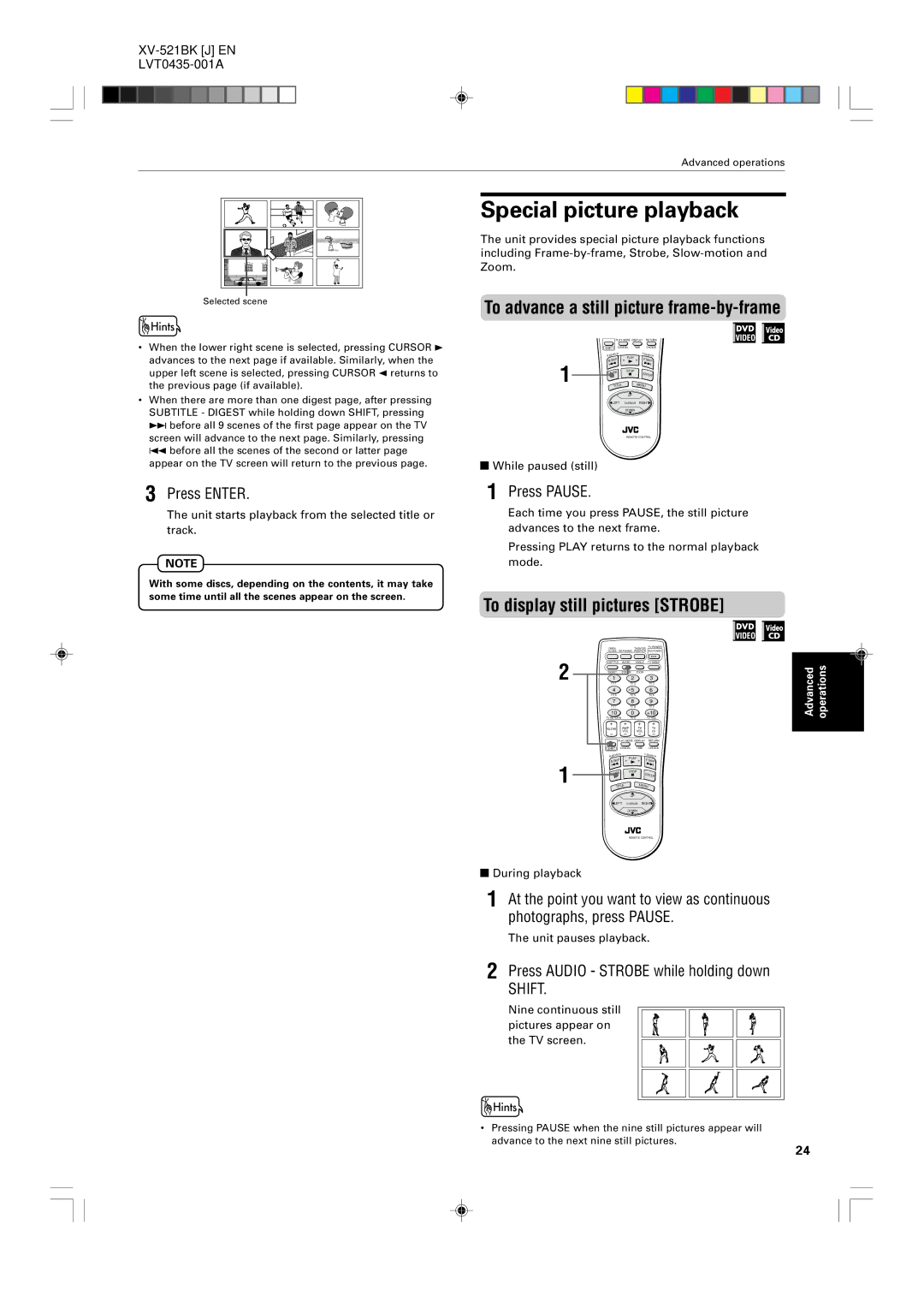 JVC XV-525BK manual Special picture playback, To advance a still picture frame-by-frame, To display still pictures Strobe 