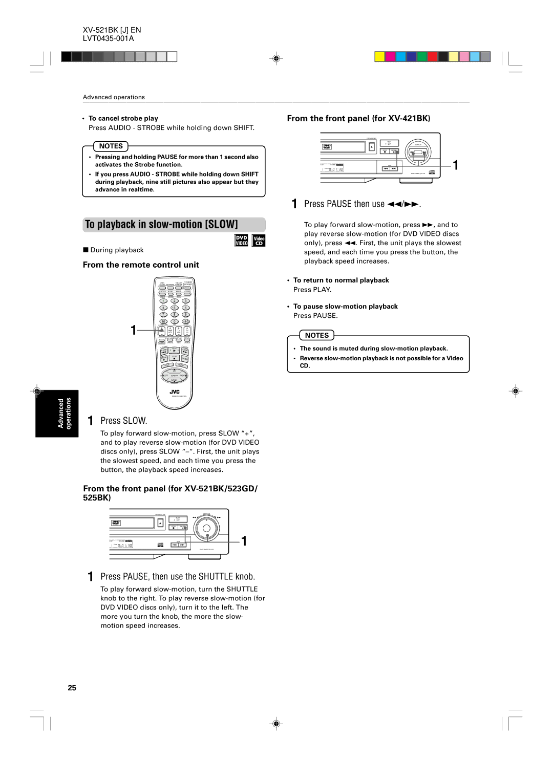 JVC XV-523GD To playback in slow-motion Slow, Press Slow, Press PAUSE, then use the Shuttle knob, Press Pause then use 1/Á 