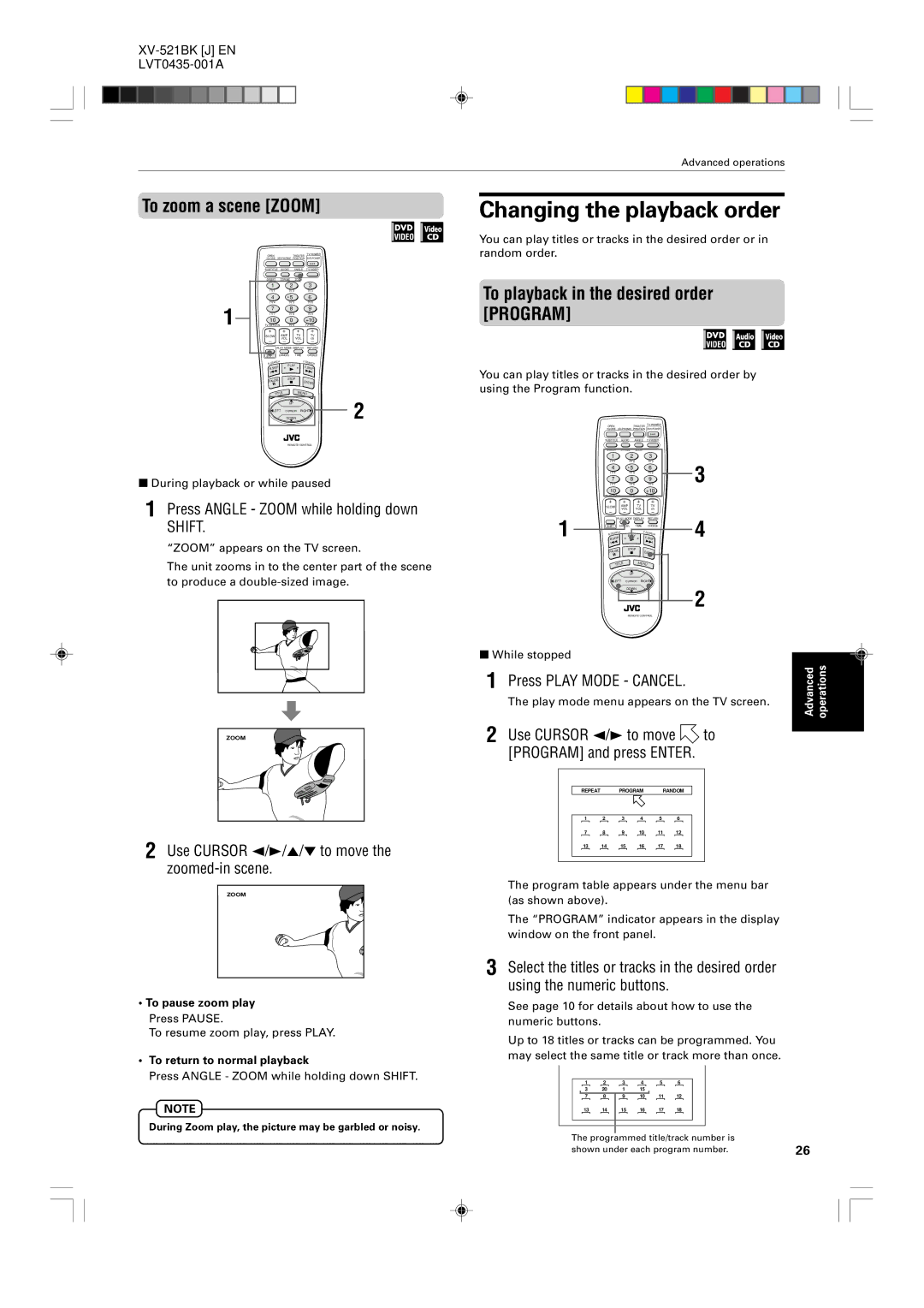 JVC XV-525BK, XV-523GD manual Changing the playback order, To zoom a scene Zoom, To playback in the desired order Program 