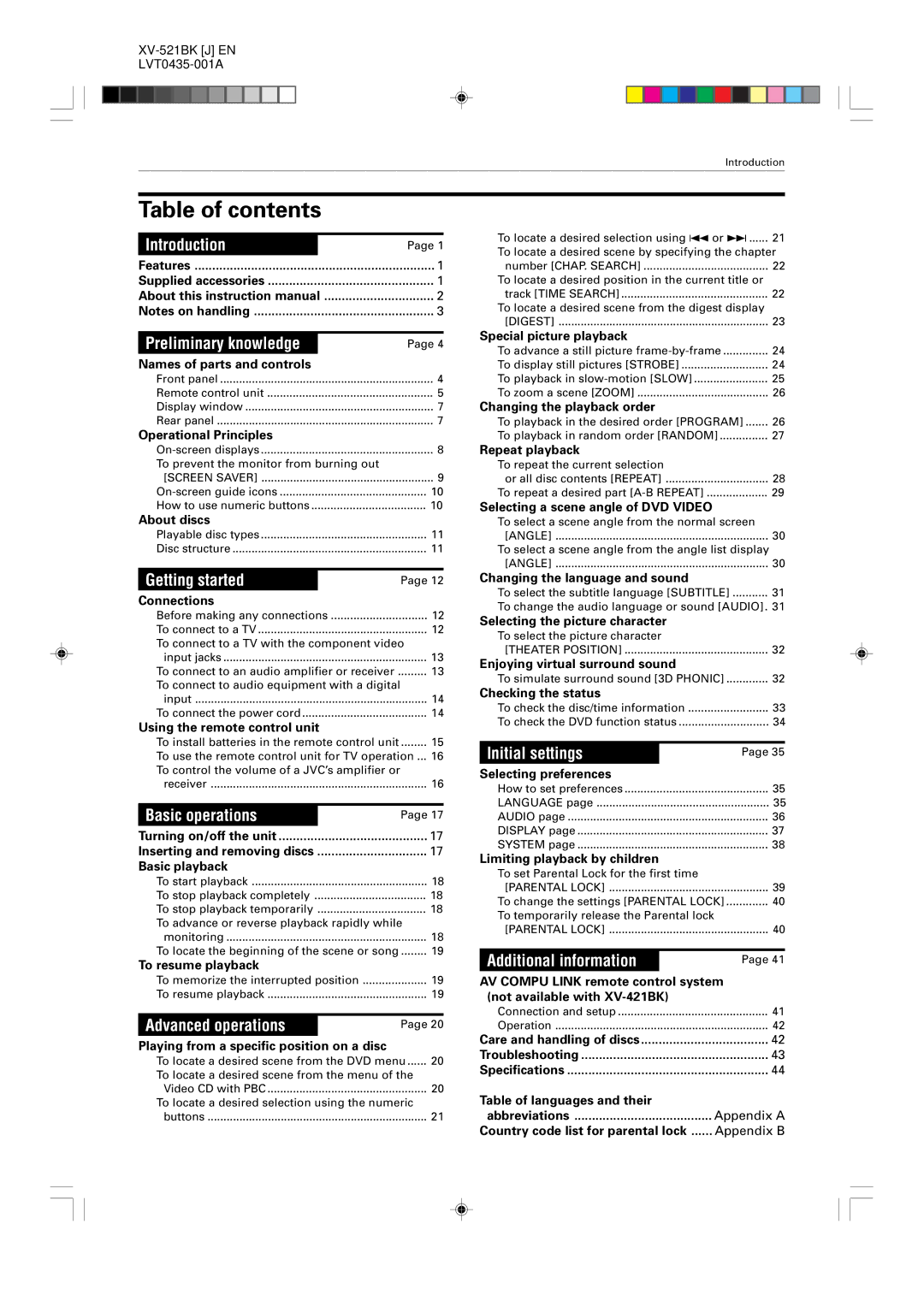 JVC XV-525BK, XV-523GD manual Table of contents 