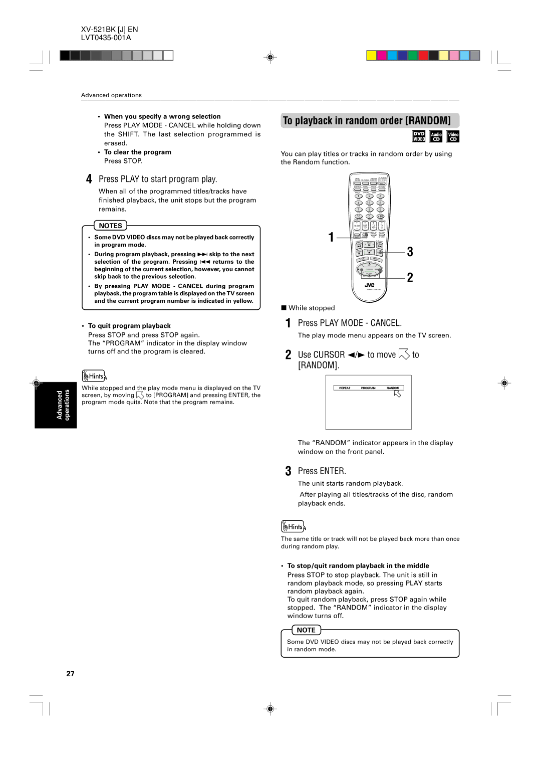 JVC XV-523GD manual To playback in random order Random, Press Play to start program play, Use Cursor 2/3 to move to Random 