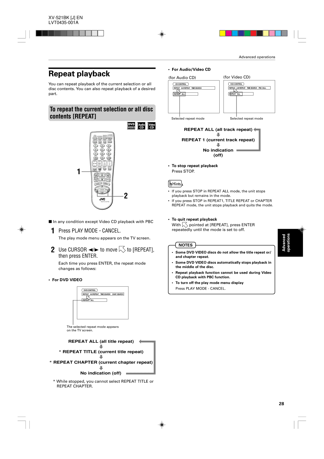 JVC XV-525BK, XV-523GD manual Repeat playback, To repeat the current selection or all disc contents Repeat 