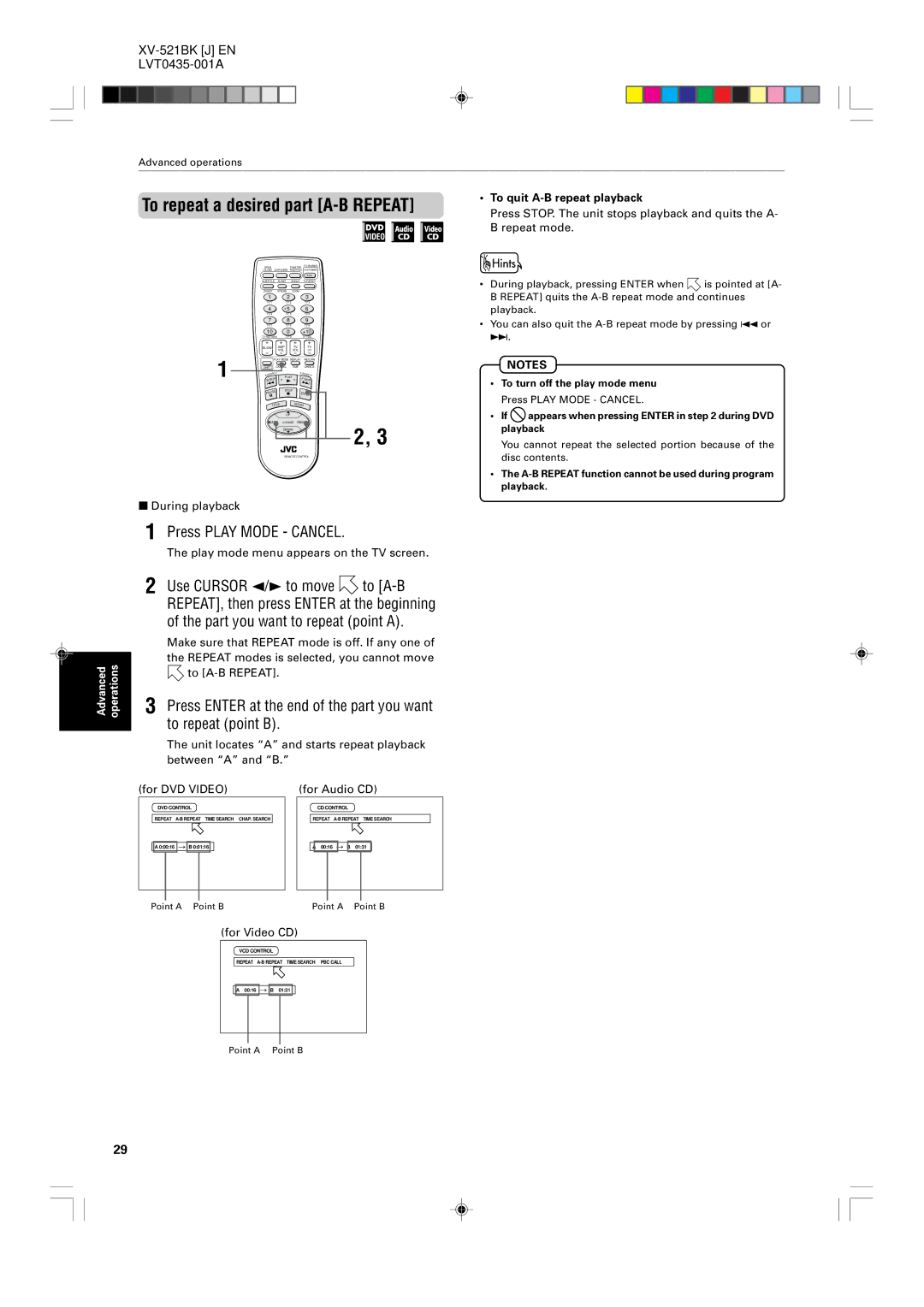 JVC XV-523GD, XV-525BK manual To repeat a desired part A-B Repeat, To A-B Repeat, Unit locates a and starts repeat playback 