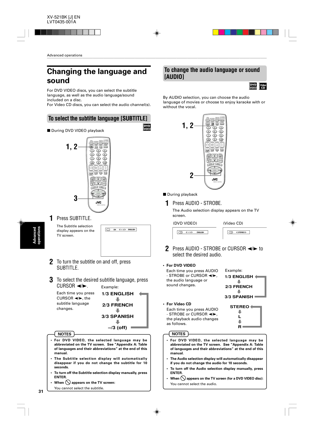 JVC XV-523GD, XV-525BK Changing the language and sound, To change the audio language or sound Audio, Press Audio Strobe 