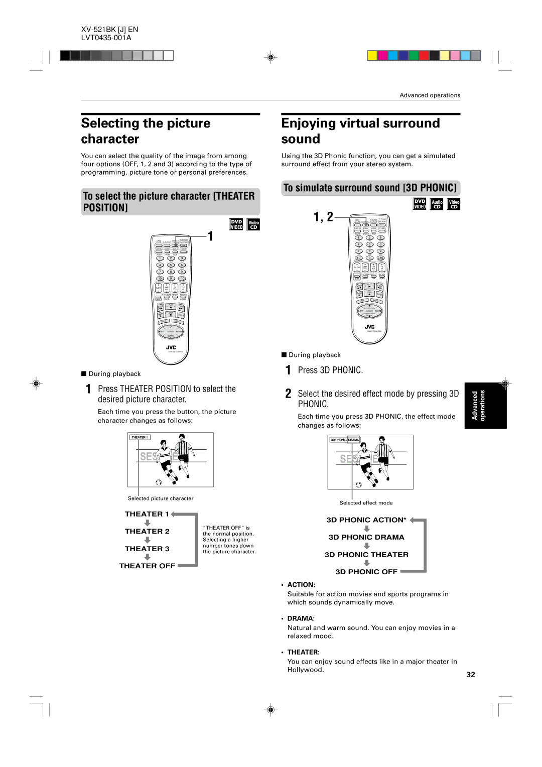 JVC XV-525BK manual Selecting the picture character, Enjoying virtual surround sound, To simulate surround sound 3D Phonic 