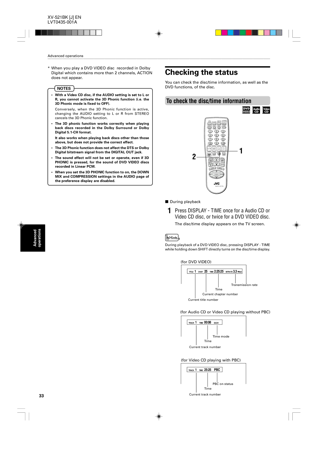 JVC XV-523GD, XV-525BK manual Checking the status, To check the disc/time information 