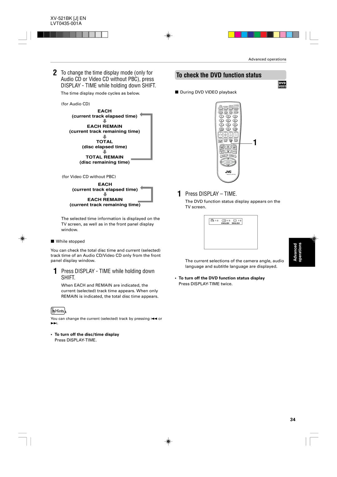 JVC XV-525BK, XV-523GD manual To check the DVD function status, Press Display Time while holding down 