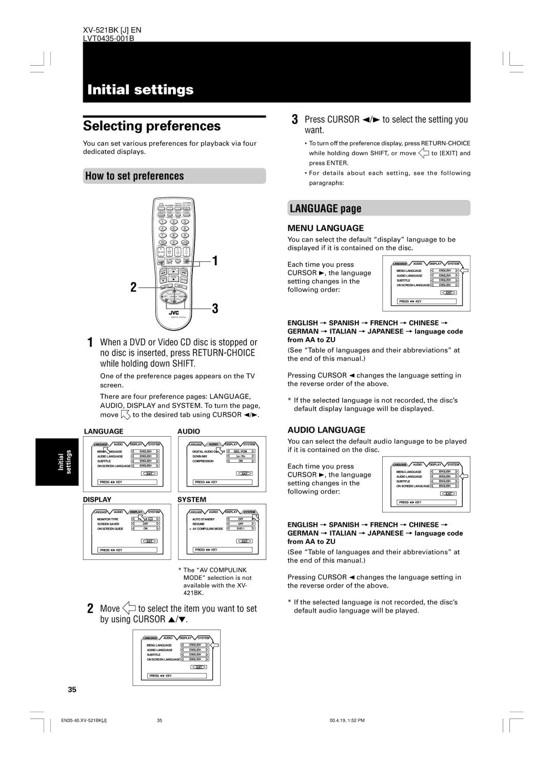 JVC XV-523GD, XV-525BK manual Initial settings, Selecting preferences, How to set preferences, Language 