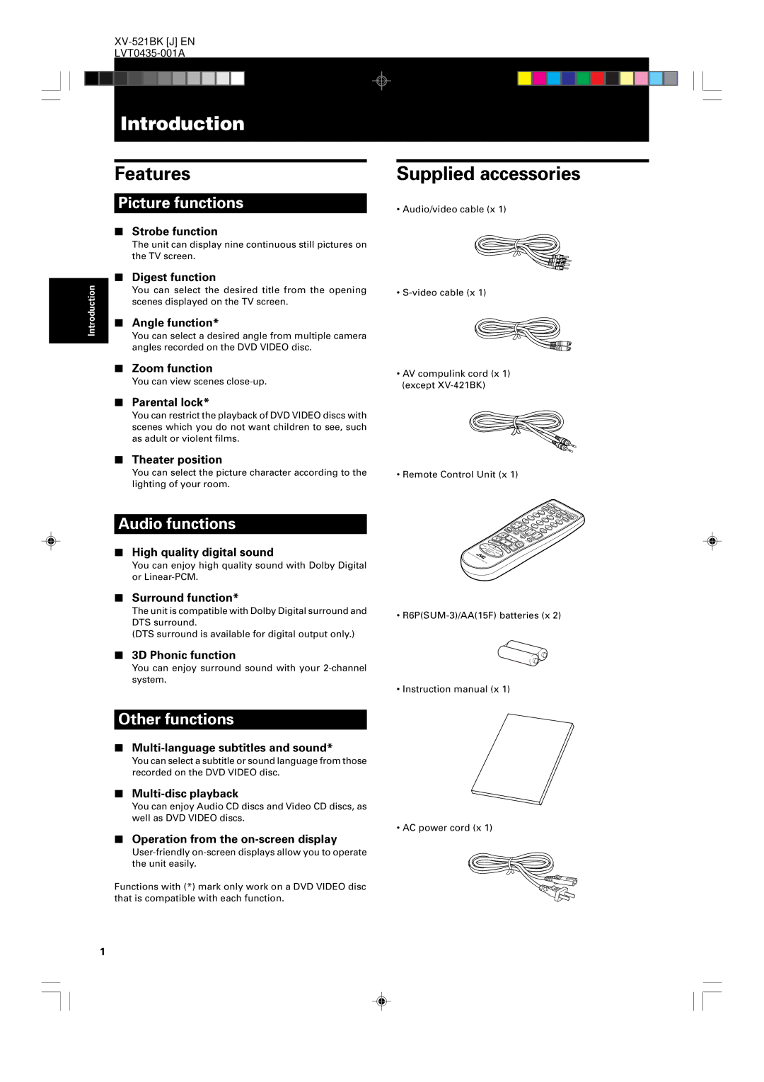 JVC XV-523GD, XV-525BK manual Introduction, Features, Supplied accessories 