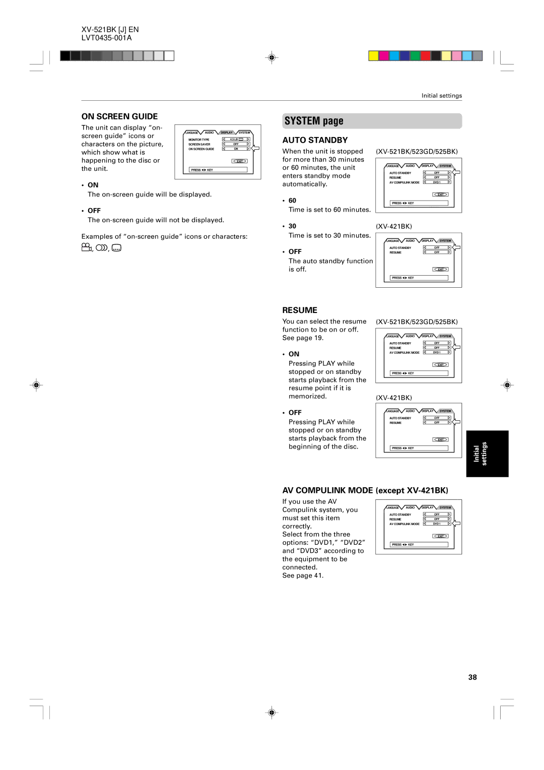 JVC XV-525BK, XV-523GD manual System, AV Compulink Mode except XV-421BK, XV-521BK/523GD/525BK 