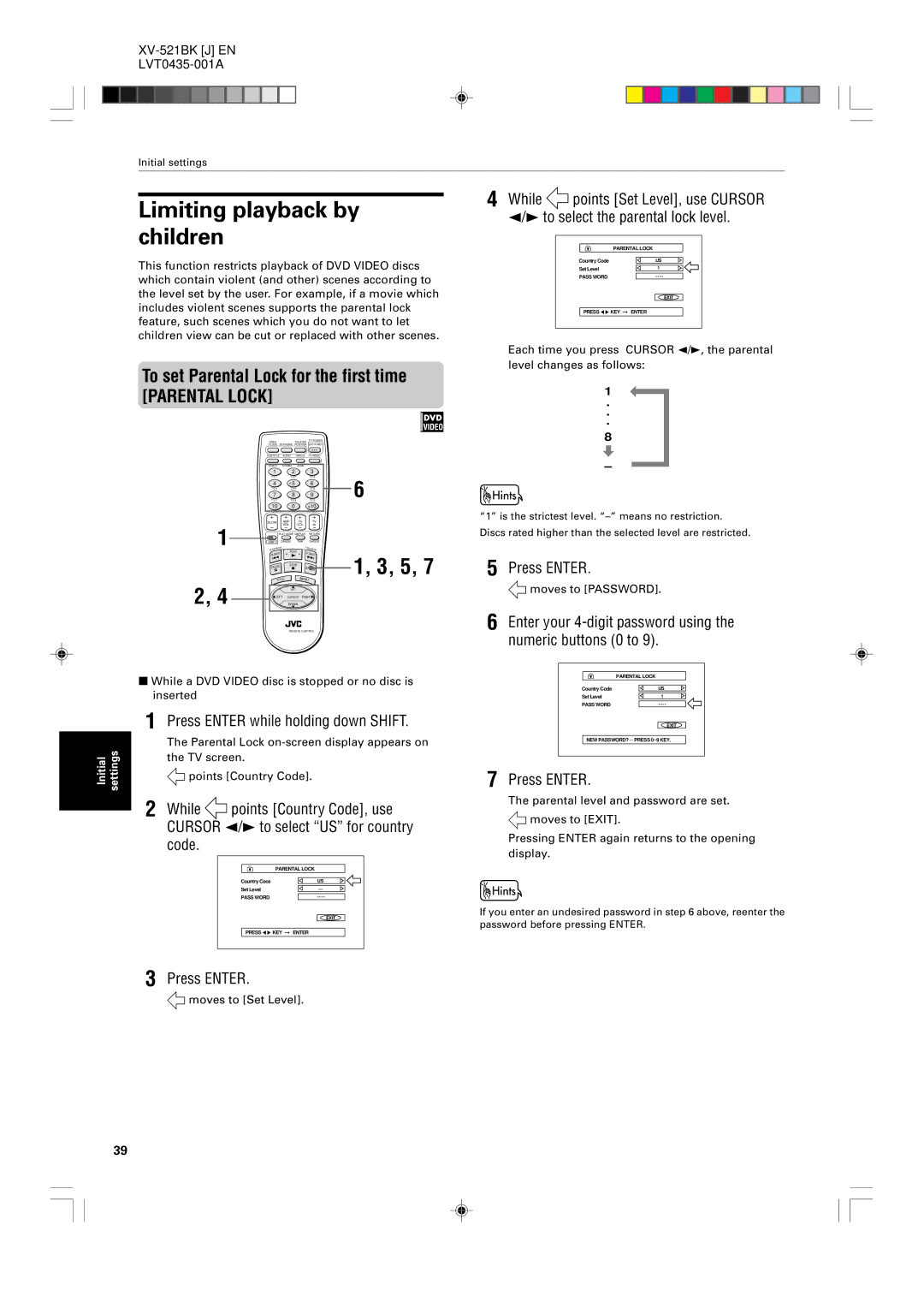 JVC XV-523GD, XV-525BK Limiting playback by children, To set Parental Lock for the first time, Points Country Code, use 