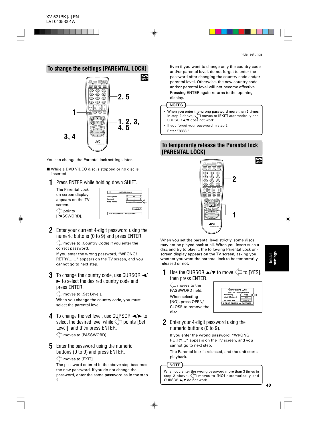 JVC XV-525BK, XV-523GD manual To temporarily release the Parental lock, Press Enter while holding down Shift 