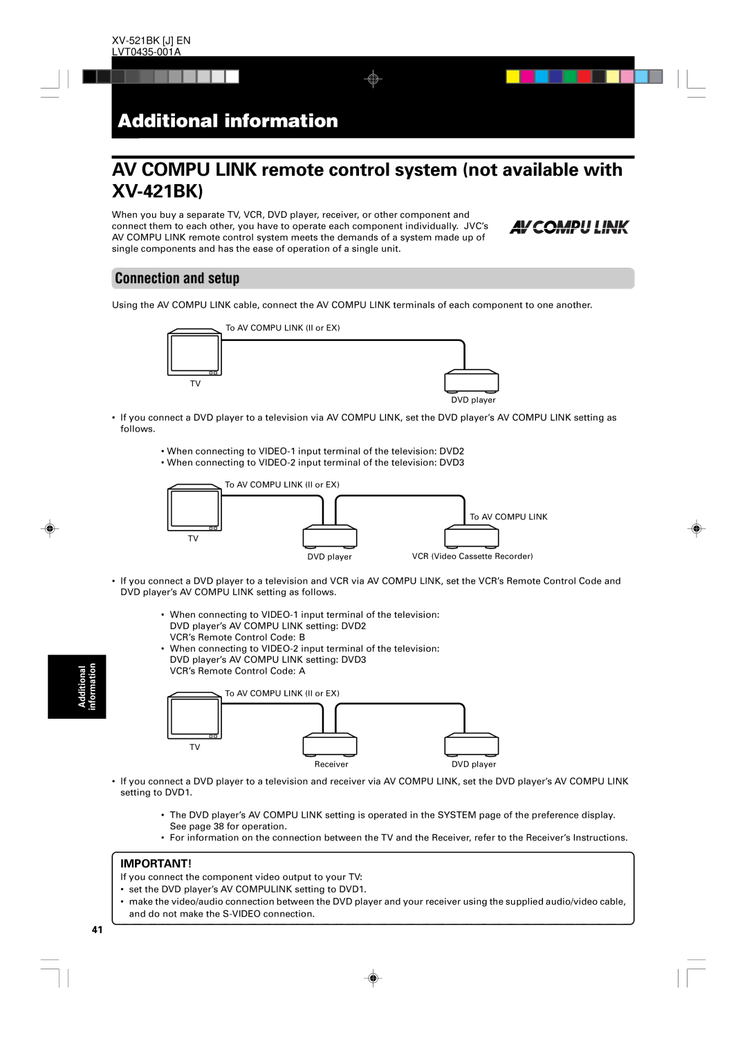 JVC XV-523GD, XV-525BK manual Additional information, Connection and setup 