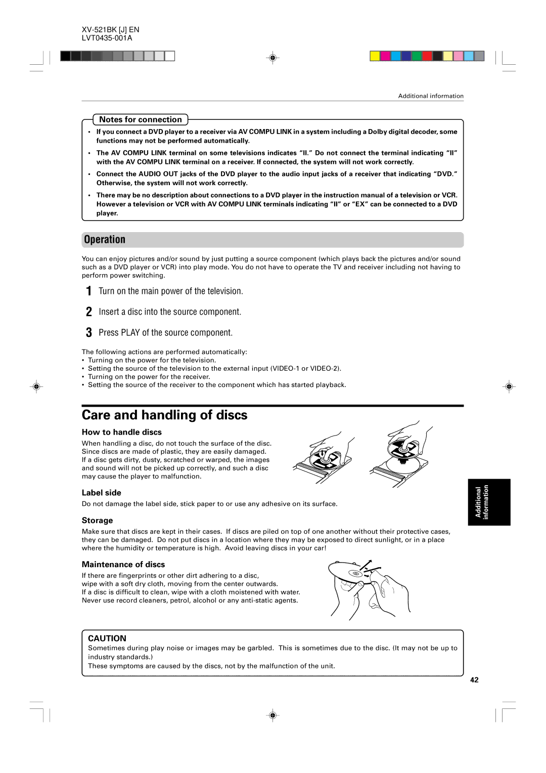 JVC XV-525BK, XV-523GD manual Care and handling of discs, Operation 