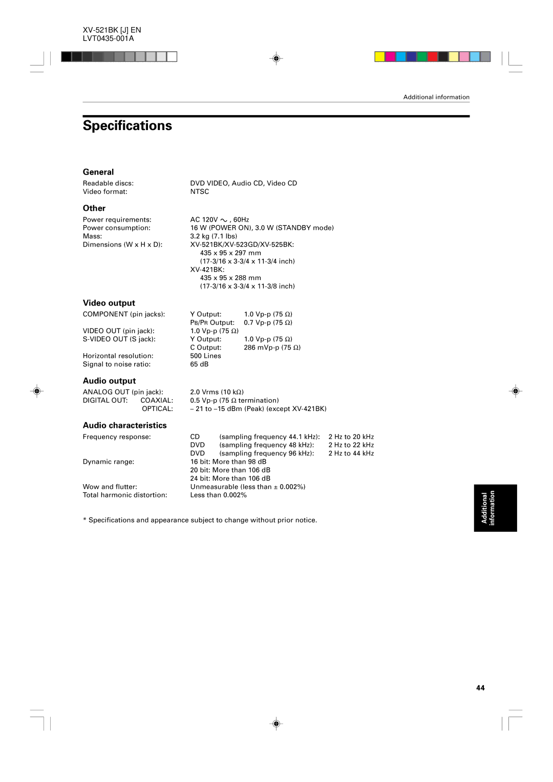 JVC XV-525BK, XV-523GD manual Specifications 