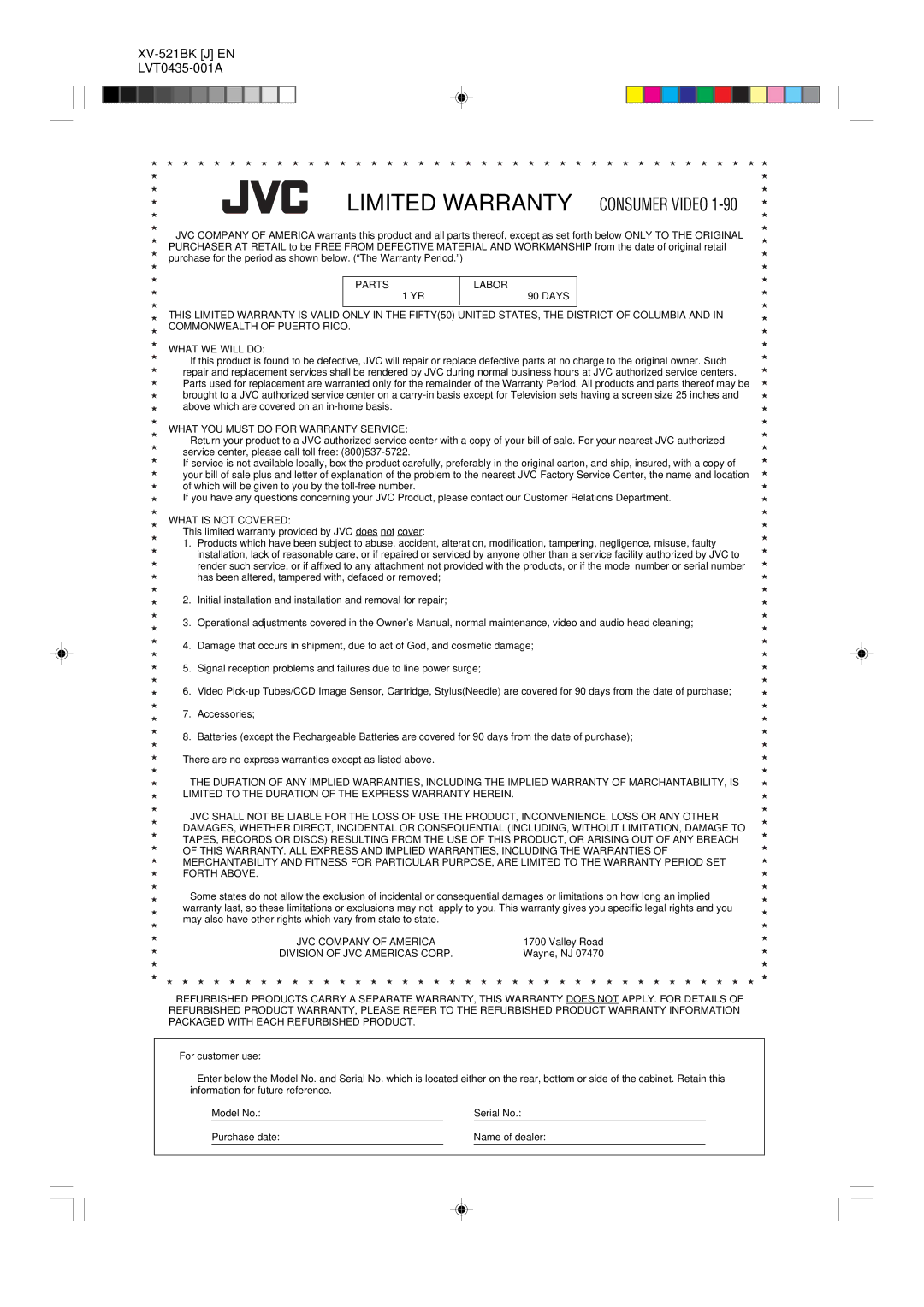 JVC XV-525BK, XV-523GD manual Limited Warranty Consumer Video 