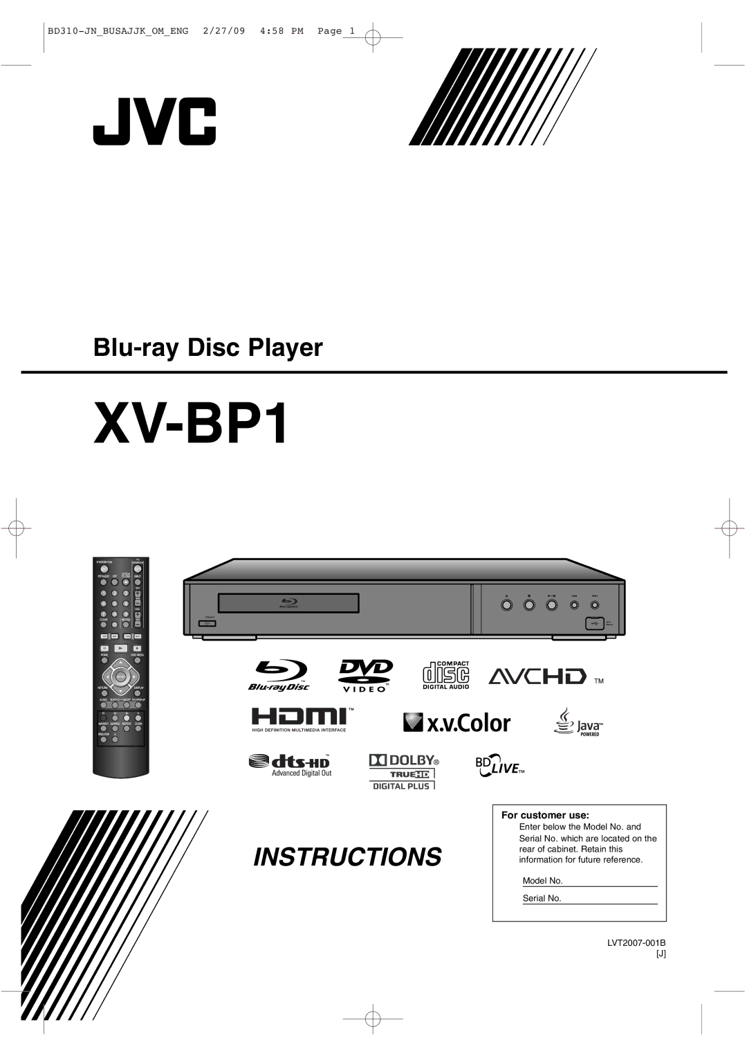 JVC XV-BP1 manual 