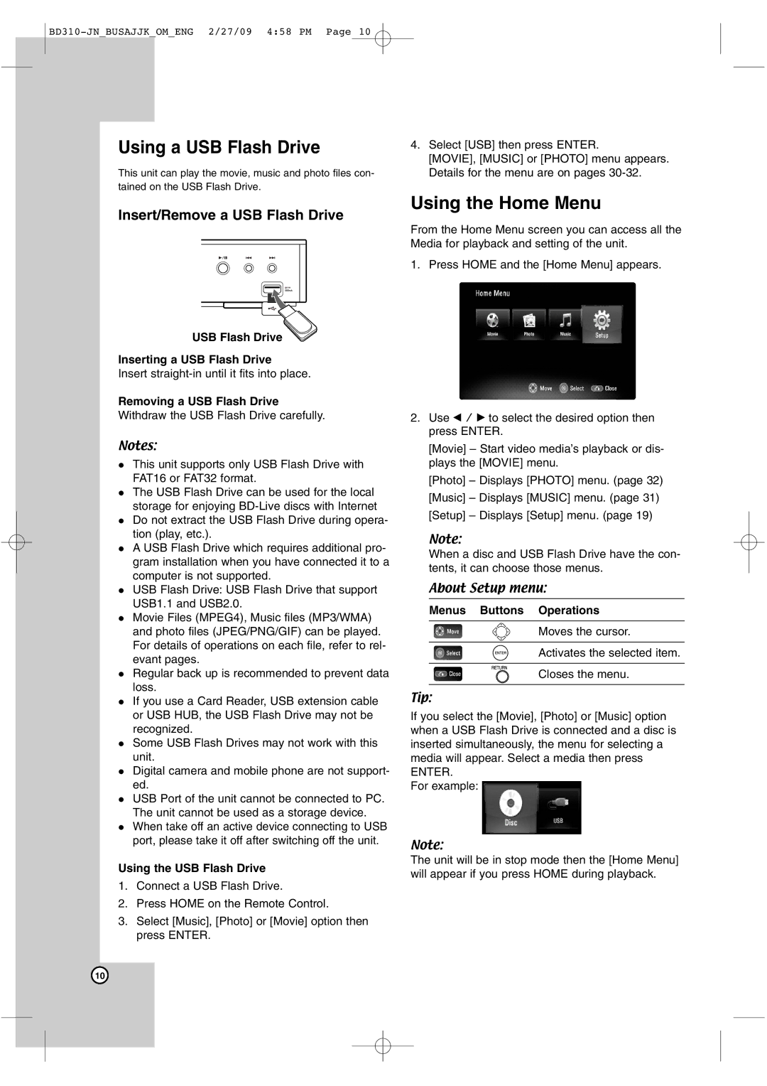 JVC XV-BP1 manual Using a USB Flash Drive, Using the Home Menu, Insert/Remove a USB Flash Drive 