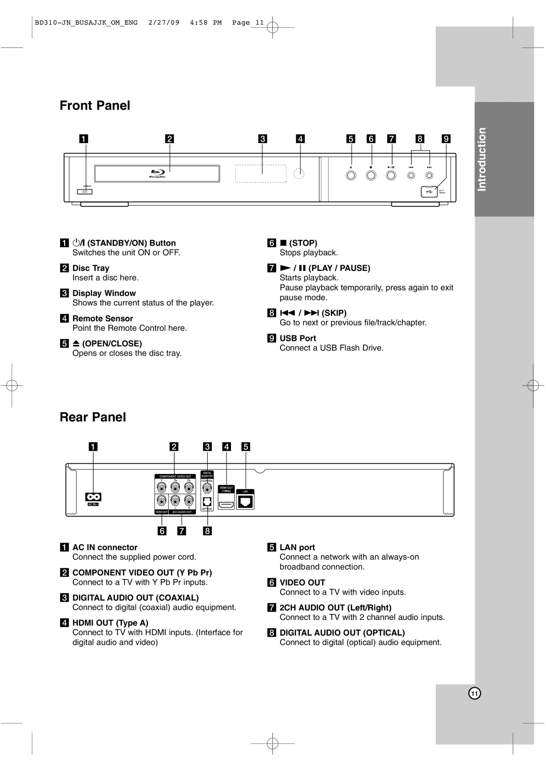 JVC XV-BP1 manual Front Panel, Rear Panel 