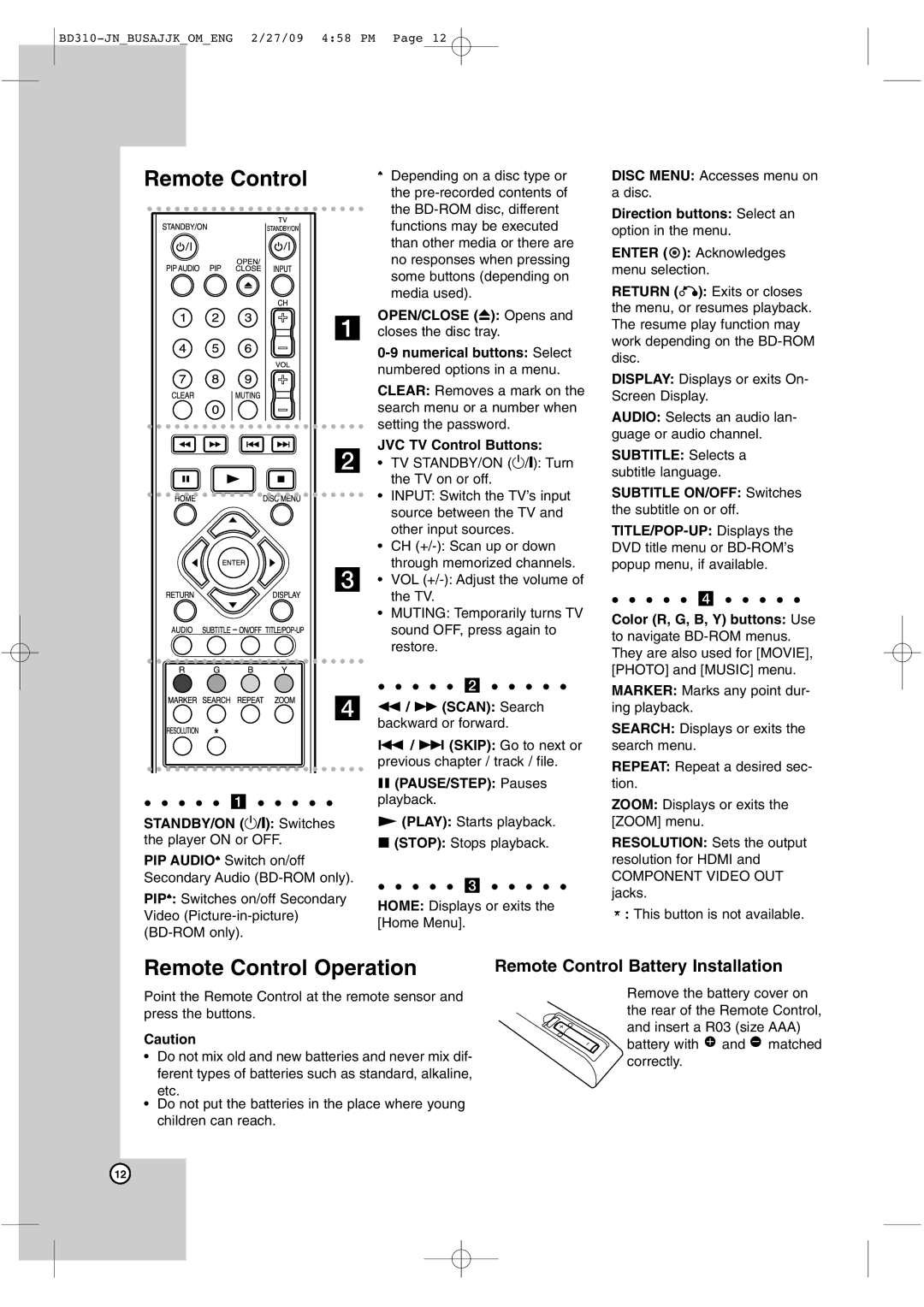 JVC XV-BP1 manual Remote Control Operation, Remote Control Battery Installation 