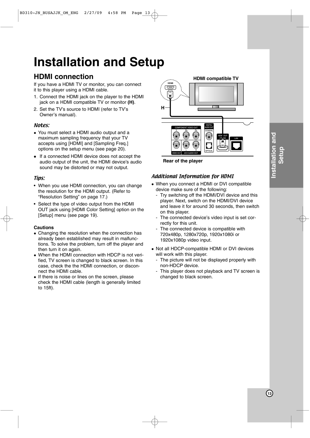 JVC XV-BP1 manual Hdmi connection, Hdmi compatible TV, Rear of the player 