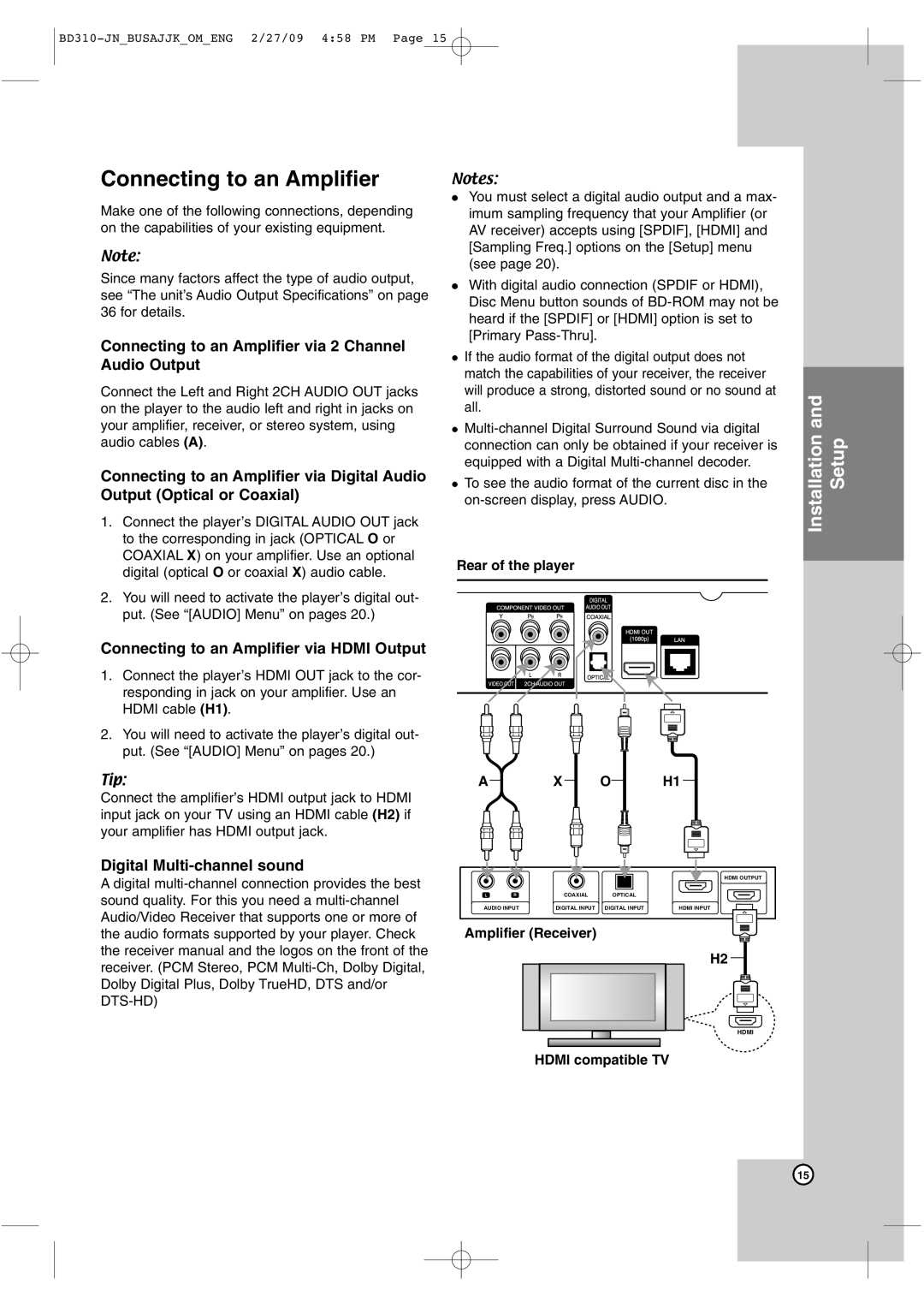 JVC XV-BP1 manual Connecting to an Amplifier, Amplifier Receiver 