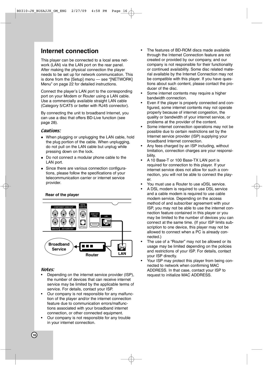 JVC XV-BP1 manual Internet connection, Rear of the player Broadband Service Router 