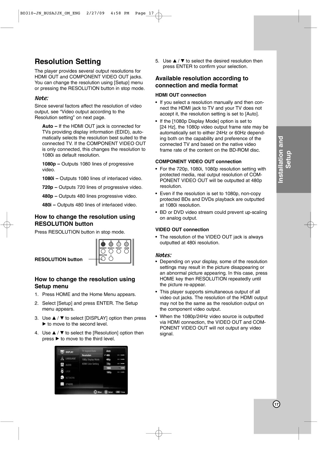 JVC XV-BP1 manual Resolution Setting, How to change the resolution using Resolution button 