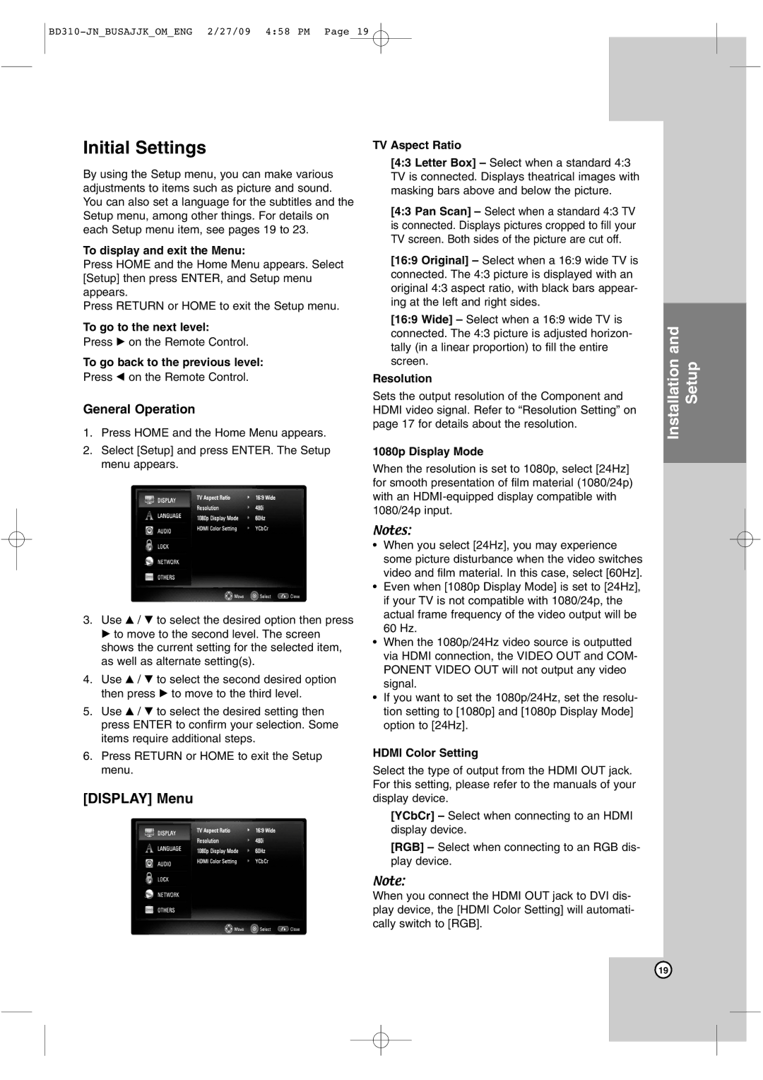 JVC XV-BP1 manual Initial Settings, Display Menu 